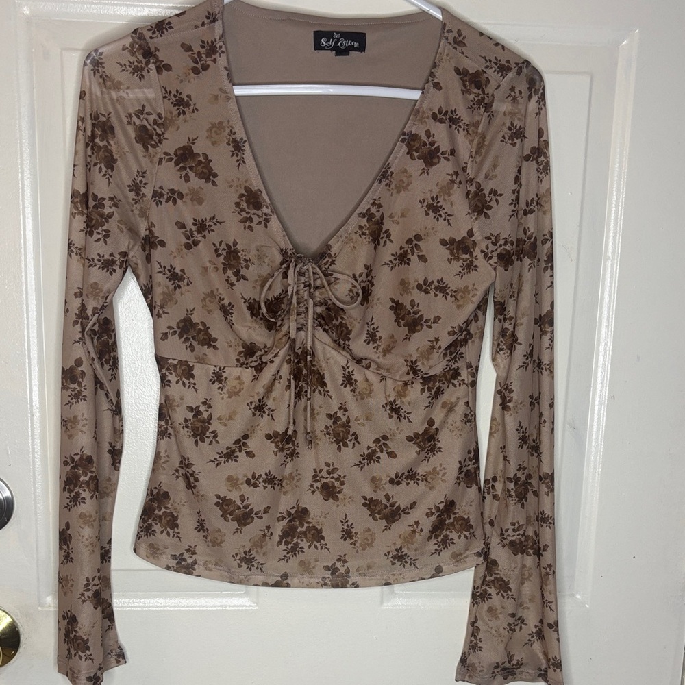 Self Esteem Taupe Floral Tie-Front Long Sleeve Top